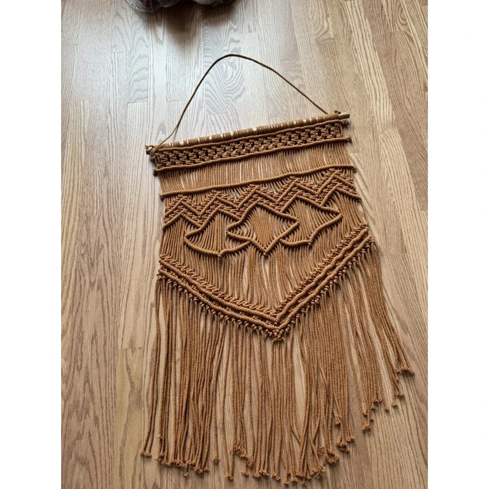 Large Boho Macrame Wall Hanging - Caramel Brown Woven Fiber Art - 32